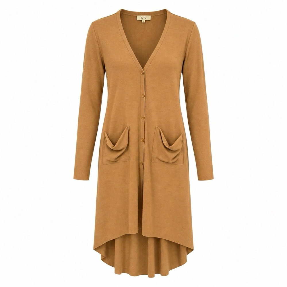 Kye Mi Cardigan Women L Brown Camel Long Duster High Low Ribbed Boho Minimalist